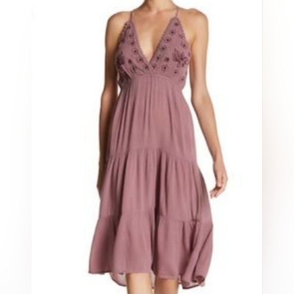Wild Pearl Dark Pink Embroidered Open Back Halter Dress Size L